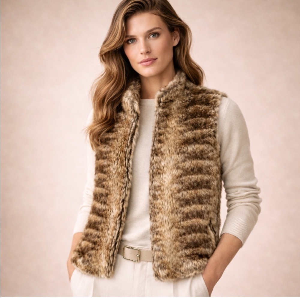 YA Los Angeles Faux Fur Vest Women’s Size Small Neutral Brown Open Front